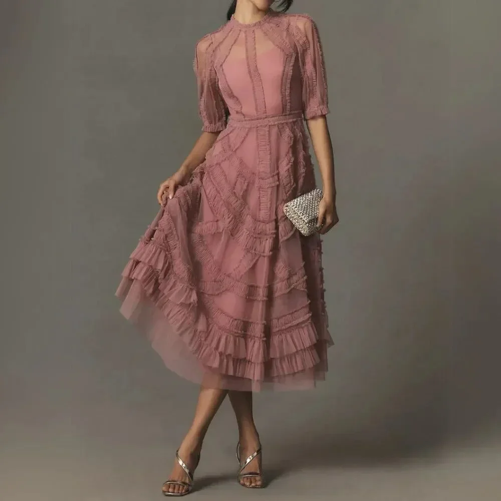 ANTHROPOLOGIE MAC DUGGAL 8058 High Neck Micro Ruffle Tiered Midi Dress Rose 18 - Picture 1 of 7